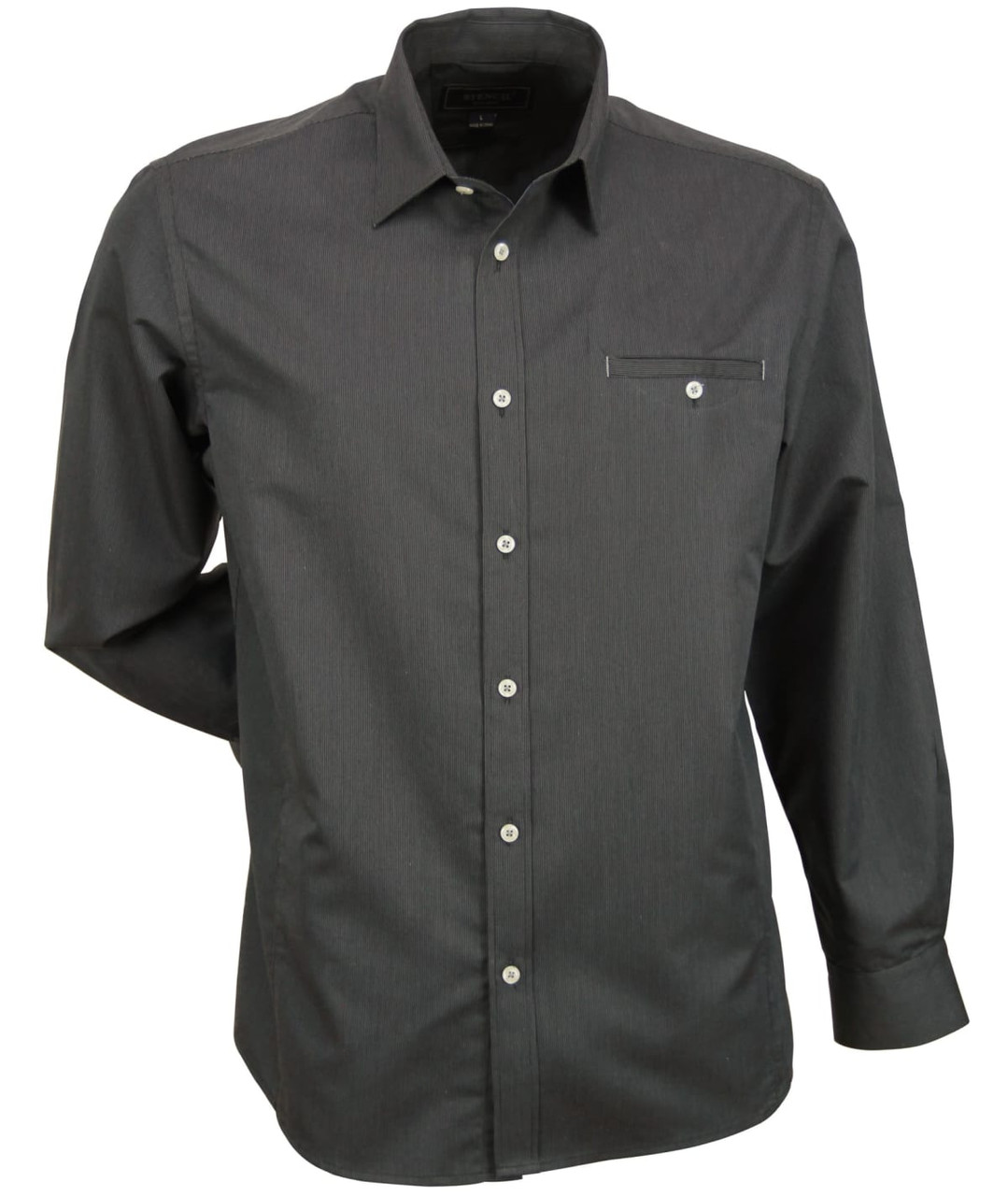 A dark grey long-sleeve button-up shirt with a chest pocket and a logo.