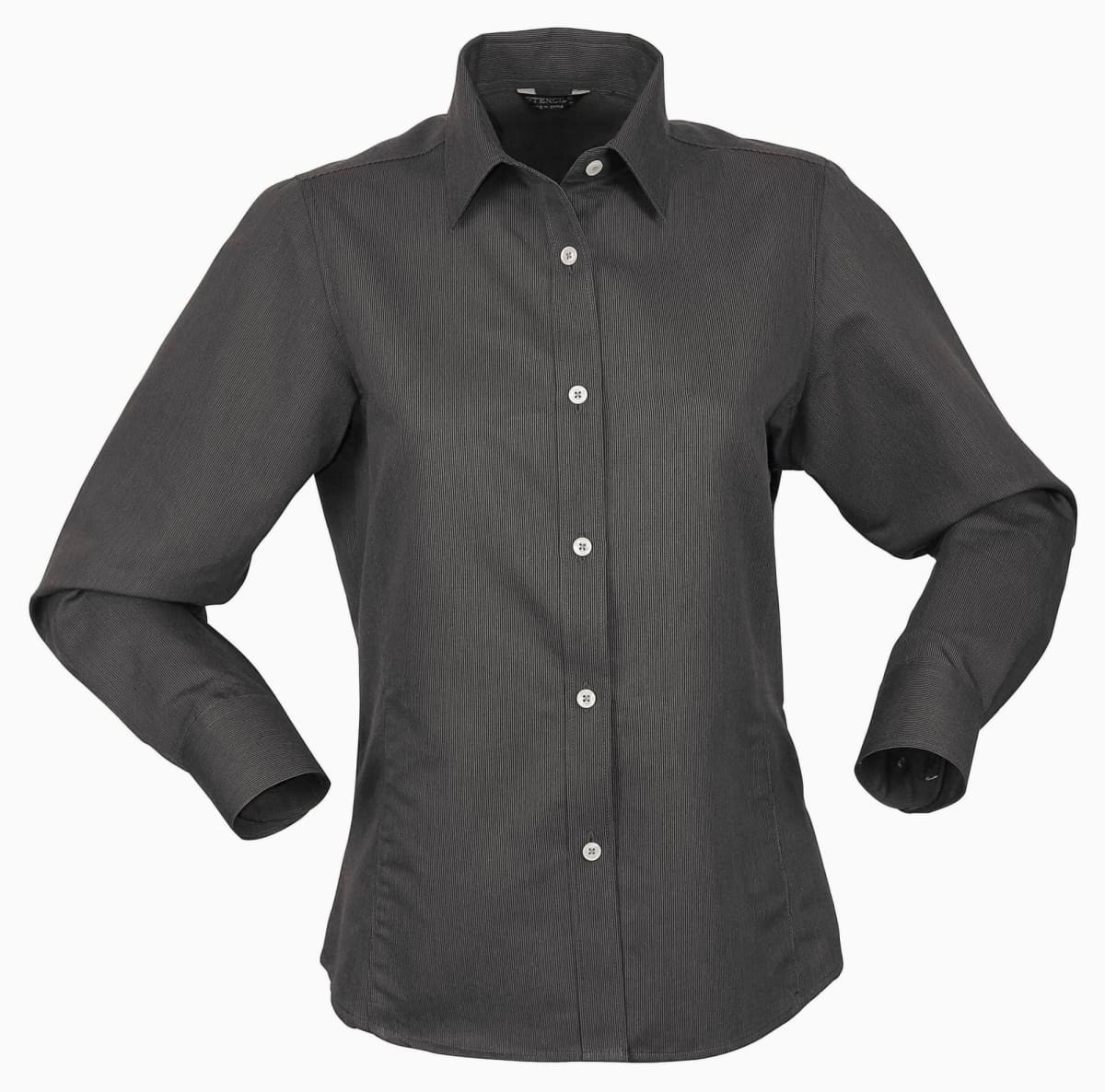 A ladies' long-sleeve button-up shirt in dark grey, featuring a collar and a branded logo.