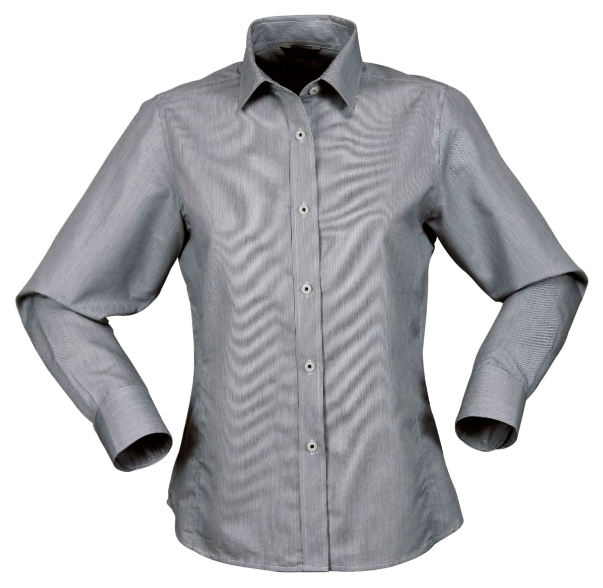 A grey button-up shirt with long sleeves and a classic collar, featuring a logo on the fabric.