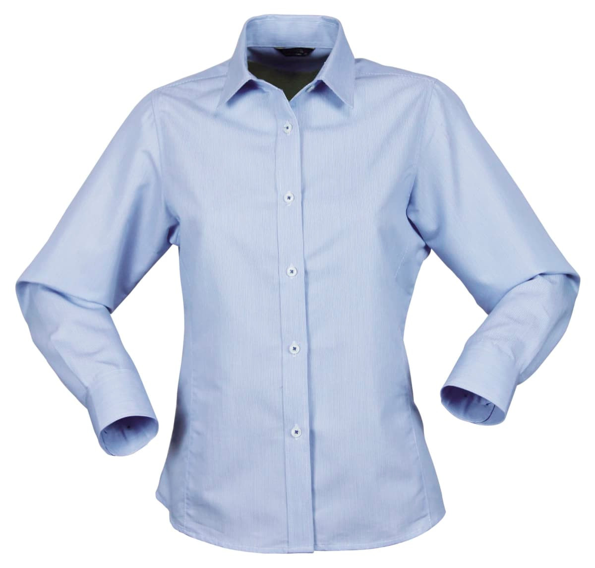 A light blue long-sleeve button-up shirt for ladies with a classic collar and a logo.
