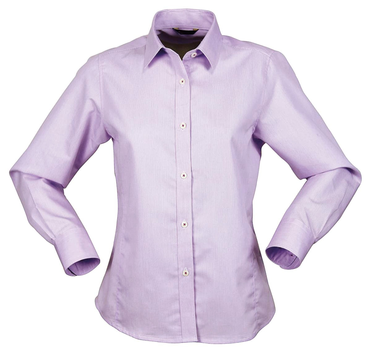 A lilac long-sleeve ladies' button-up shirt featuring a fitted silhouette and a logo.