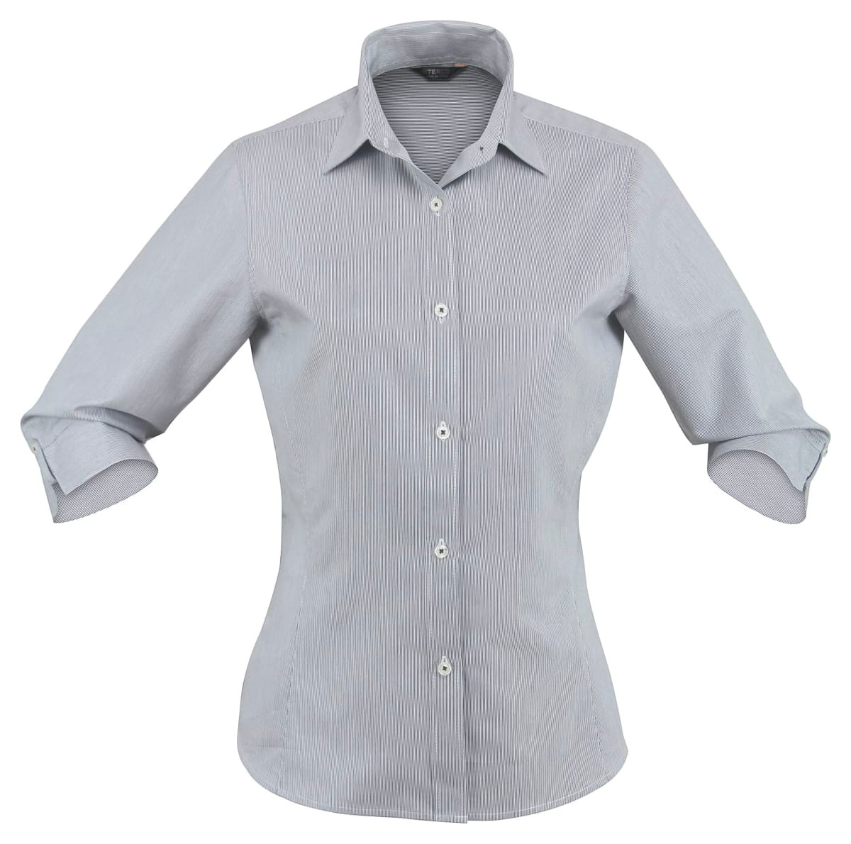 A light grey button-up shirt with 3/4 sleeves and a classic collar, featuring a logo.