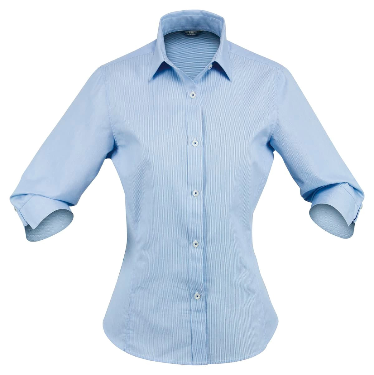 A light blue button-up shirt with 3/4 sleeves and a collar, featuring a logo.