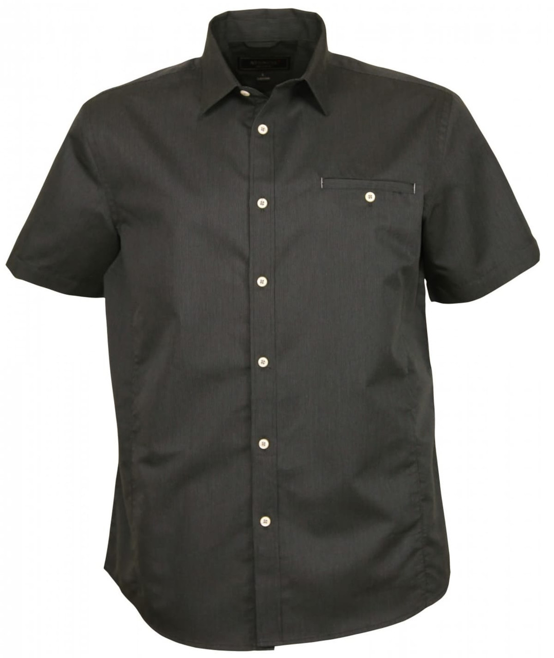 A short-sleeved button-up shirt in charcoal grey with a single chest pocket and a logo.