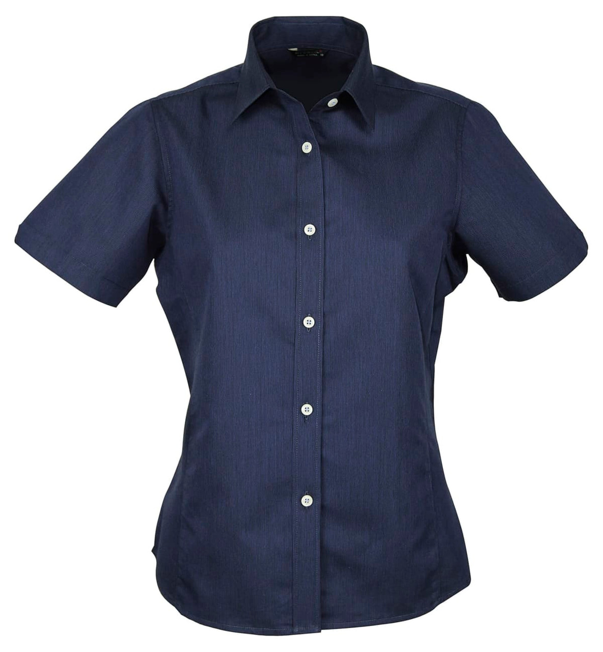 A navy blue button-up shirt with short sleeves and a collar, featuring a front button placket and logo.