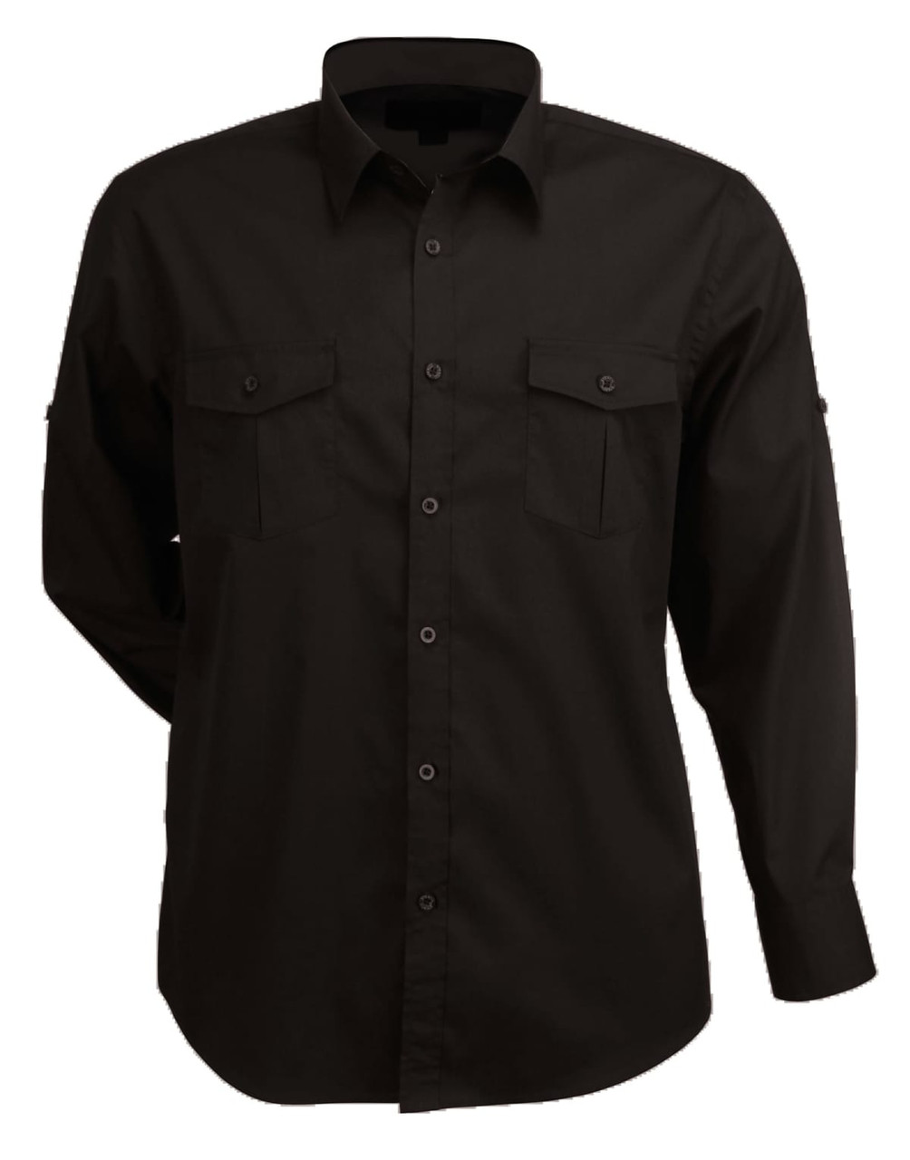 A black long-sleeve button-up shirt with two chest pockets and a logo on the collar.