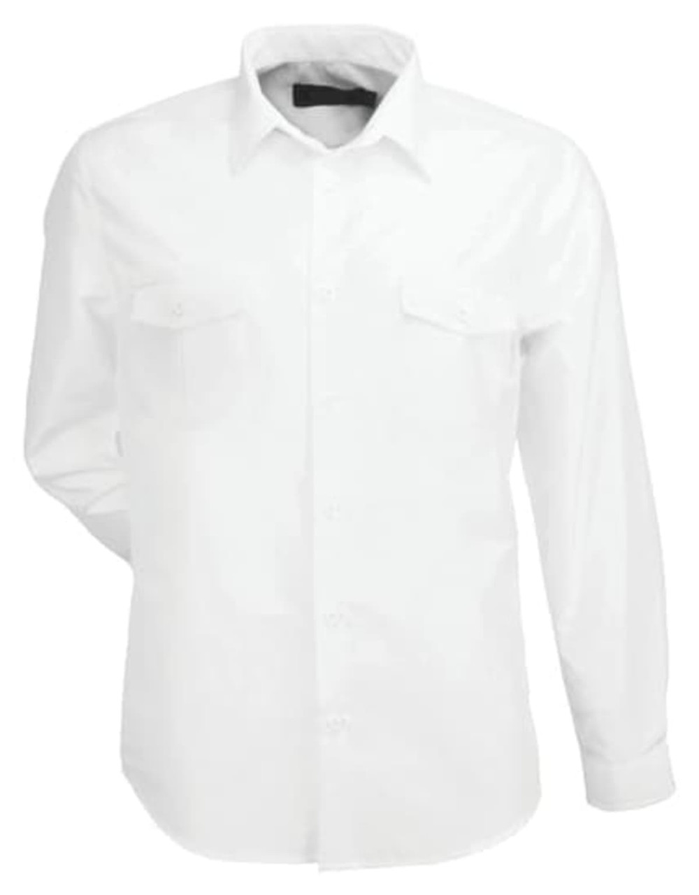 A long-sleeve white button-up shirt with two breast pockets and a collar. The shirt features a logo.