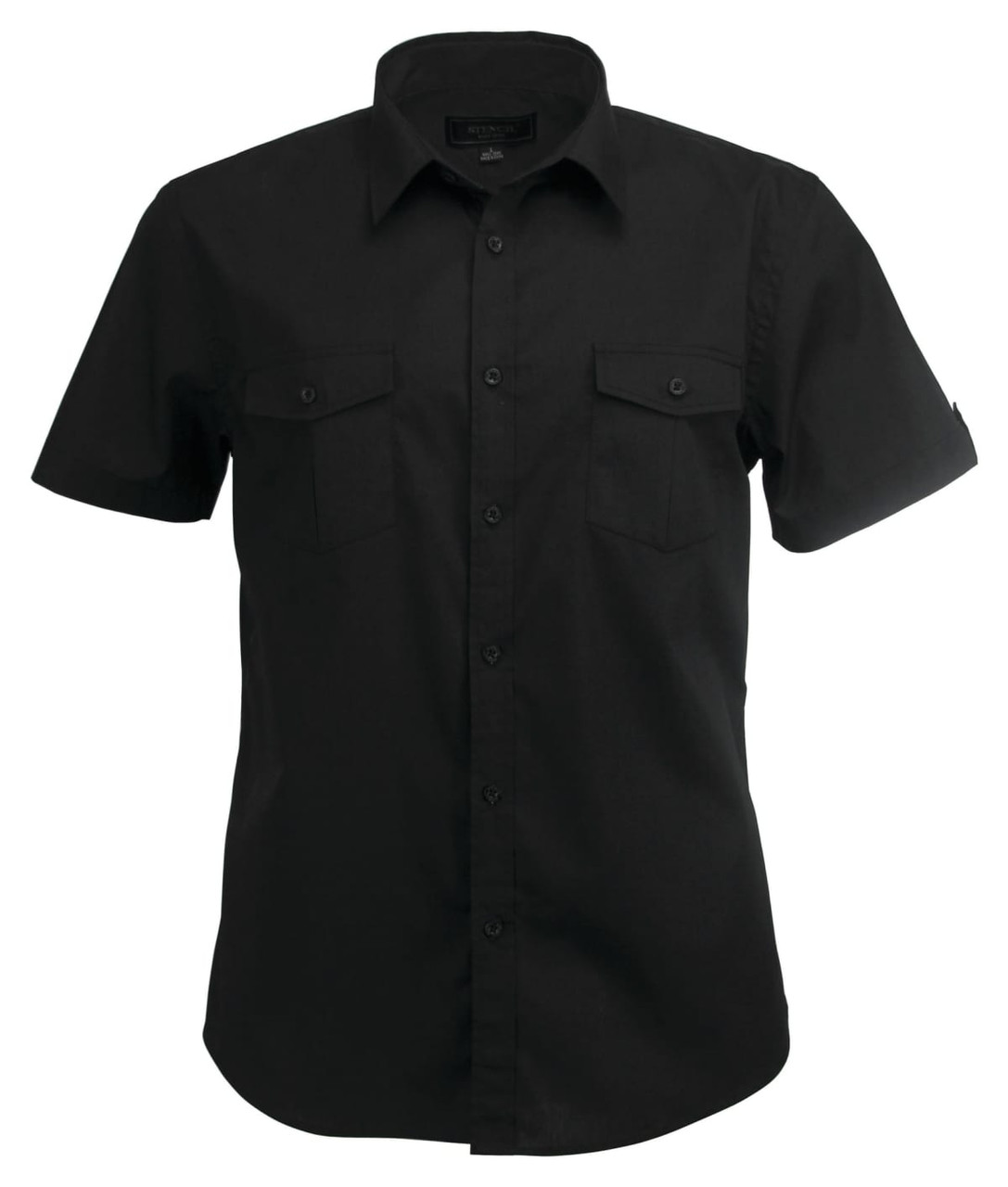 A short-sleeved men's shirt in black, featuring a button-up front and two chest pockets. Includes a logo on the sleeve.
