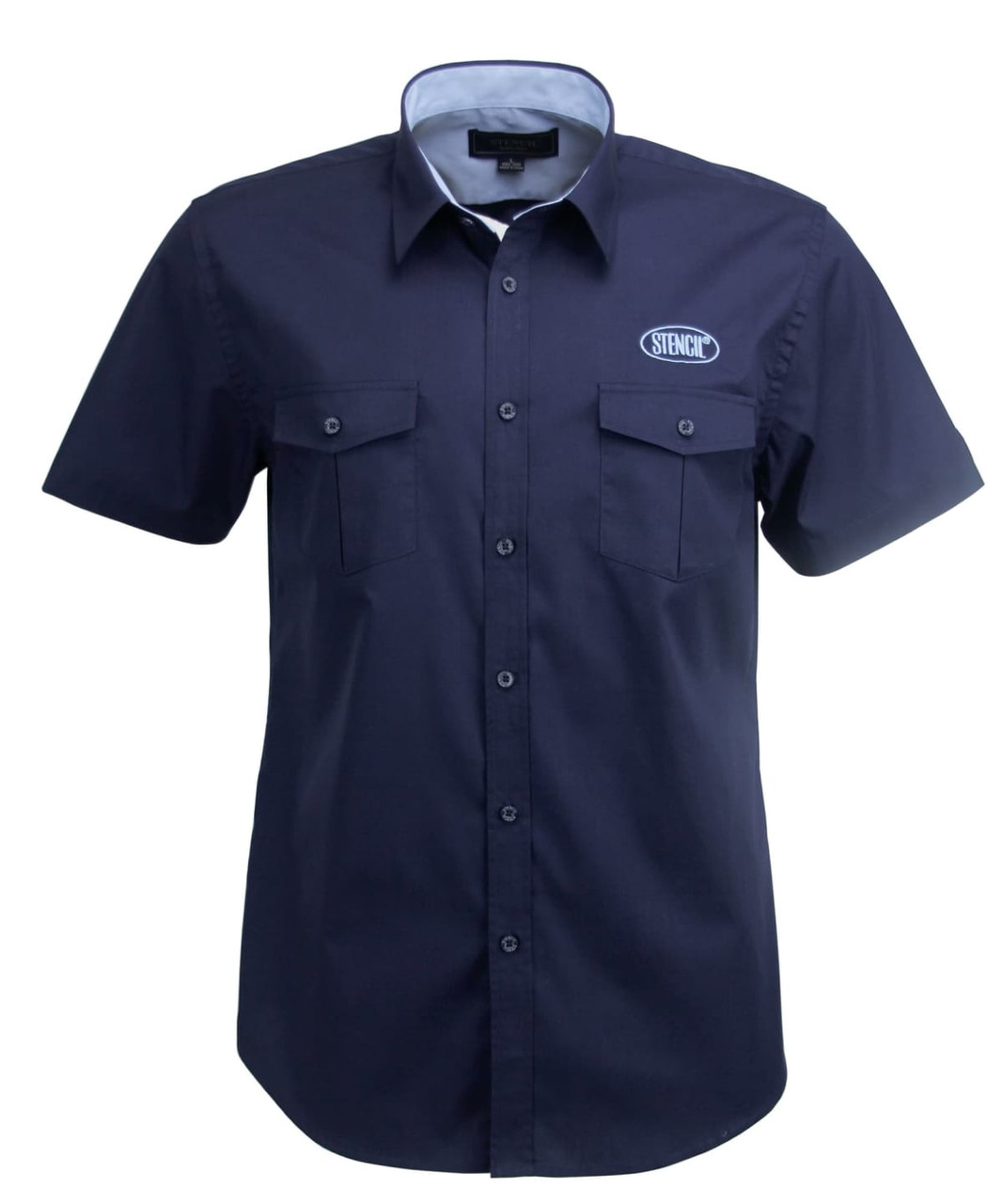 A navy short-sleeve men's shirt with two chest pockets and a logo on the front.