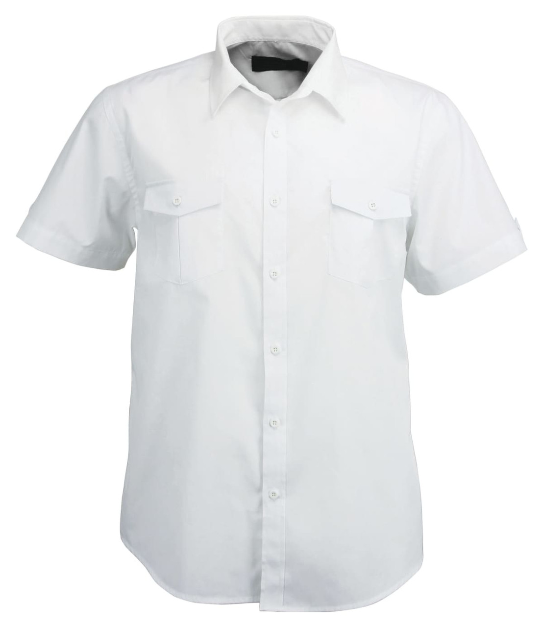 A short-sleeved white men's shirt with a collar and two chest pockets. It features a logo on the sleeve.