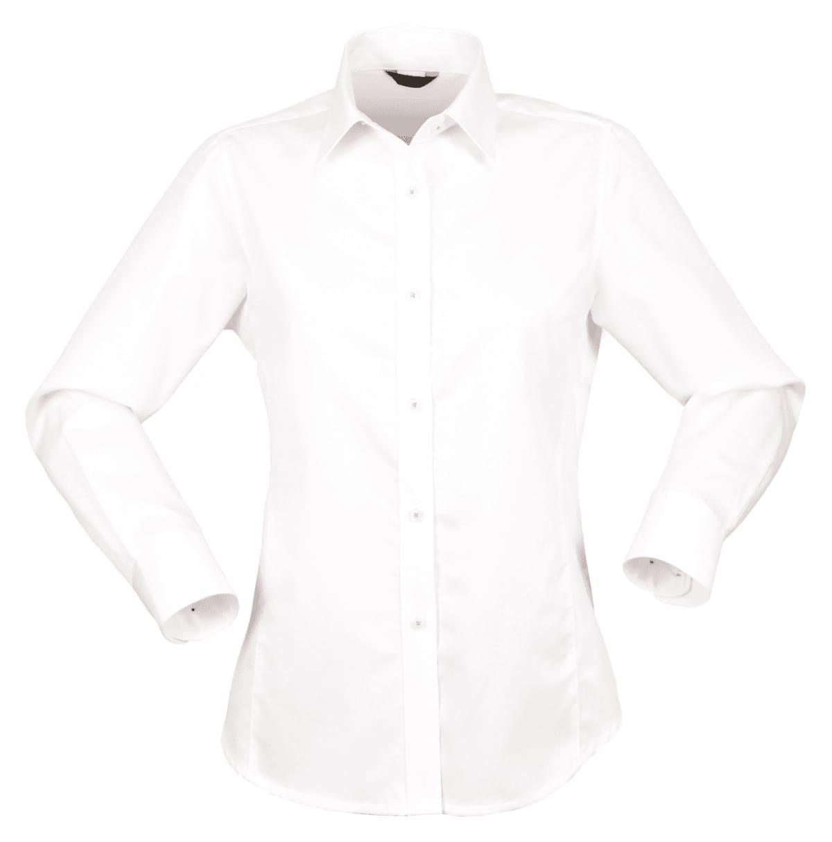 A white long-sleeved button-up ladies' shirt with a branded logo on the collar.