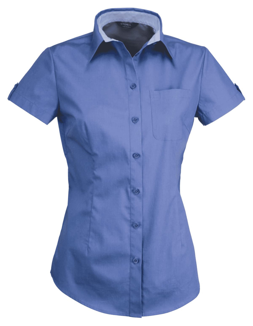 A short-sleeved, ladies' shirt in a blue hue with a button-down front and a single chest pocket. It features a collar and has rolled sleeves.