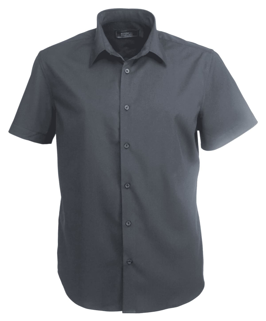 A short-sleeve, button-up men's shirt in dark grey, featuring a collar and a logo on the label.