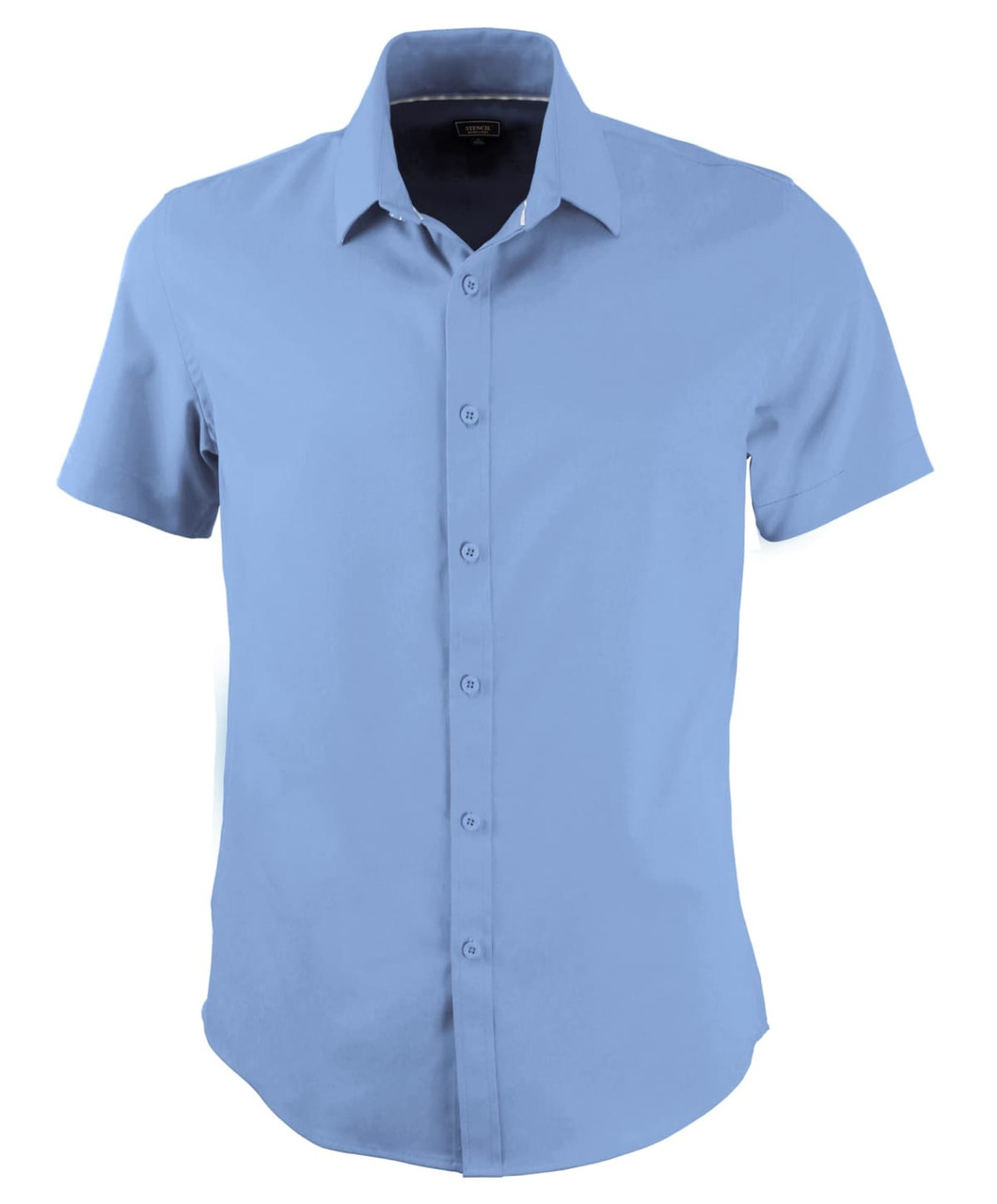 A light blue short-sleeved button-up shirt with a collar and a logo.