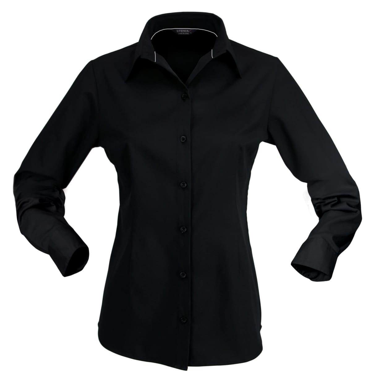 A black long-sleeve button-up shirt for ladies, featuring a collar and a logo.