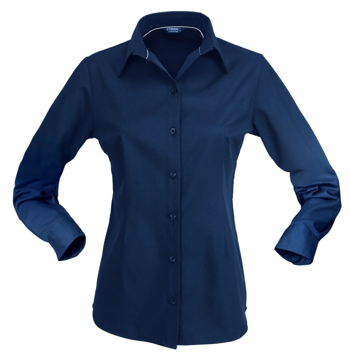 A ladies' long sleeve button-up shirt in dark navy, featuring a classic collar and button front.