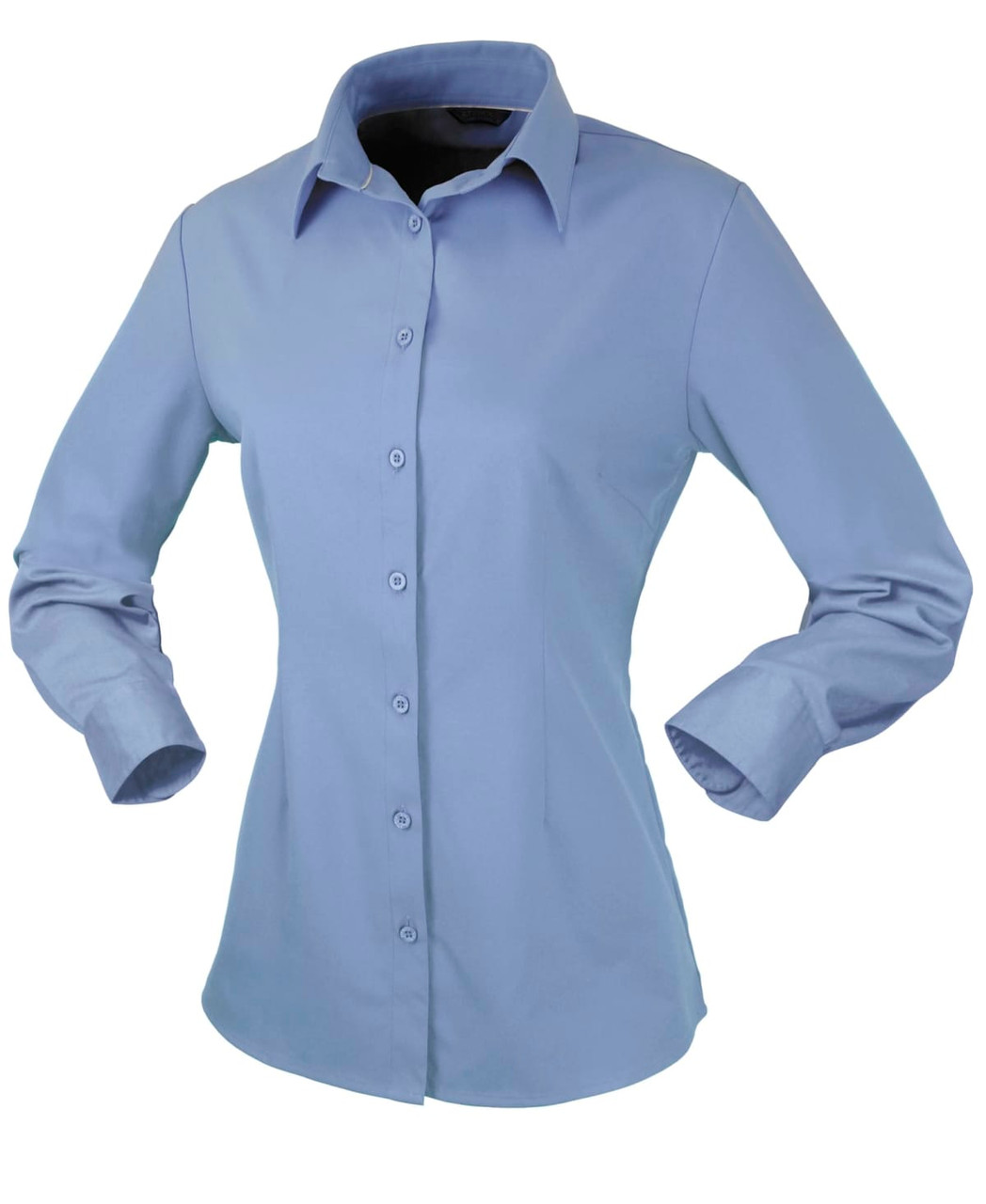 A light blue long-sleeve button-up shirt for ladies with a collar and a fitted silhouette. It features a logo.