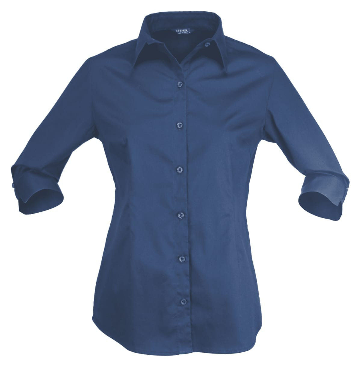 A navy blue button-up shirt with a pointed collar and rolled-up sleeves, featuring a logo.