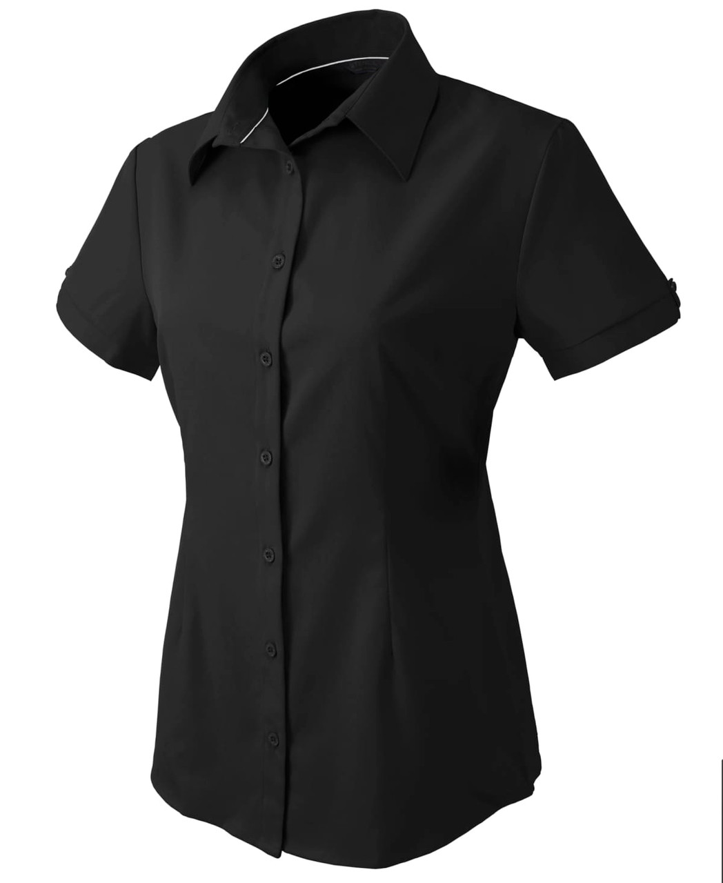 A black short-sleeved ladies' button-up shirt featuring a collar and rolled sleeves, with a small logo present.