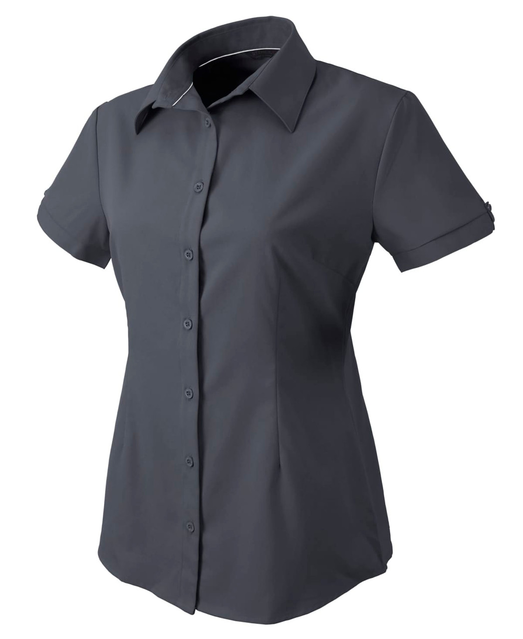 A dark grey button-up shirt for ladies with short sleeves and a chest pocket. It features a logo.
