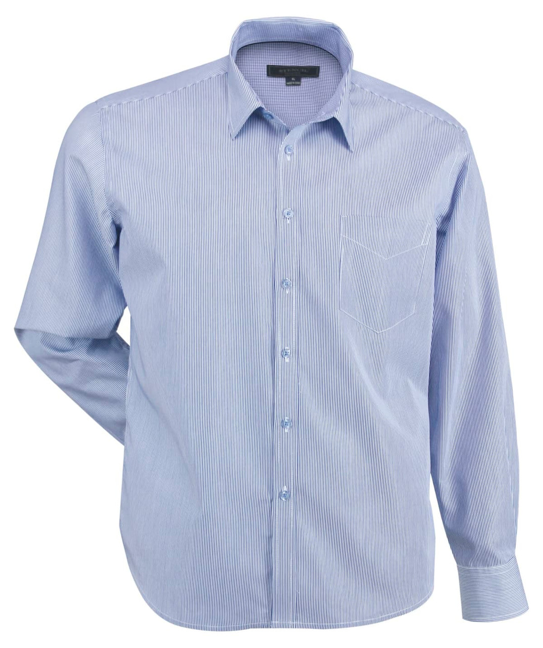 A men's long-sleeve button-up shirt in light blue with a subtle stripe pattern and a chest pocket.