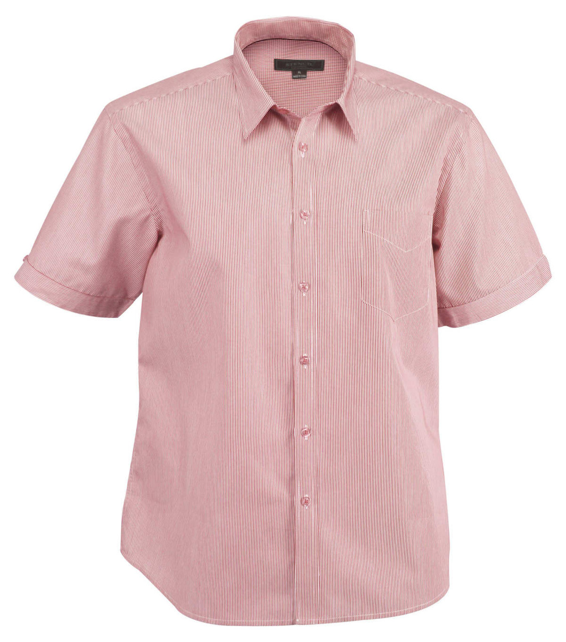 A short-sleeved, button-up men's shirt in a light red striped pattern, featuring a pocket and rolled sleeves.