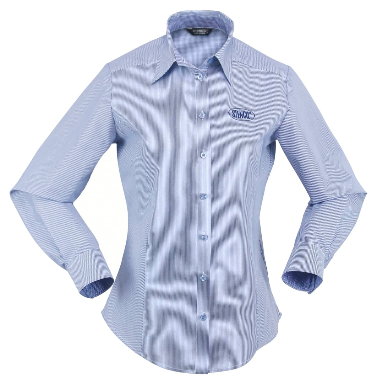 A long-sleeved ladies' button-up shirt in blue and white stripes, featuring a logo on the chest.