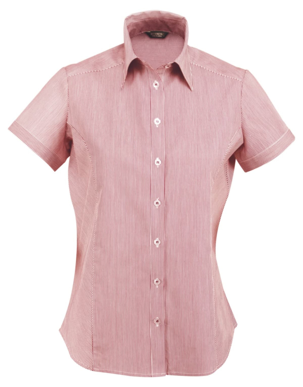 A red and white striped short-sleeve button-up ladies' shirt with a collar and a logo.