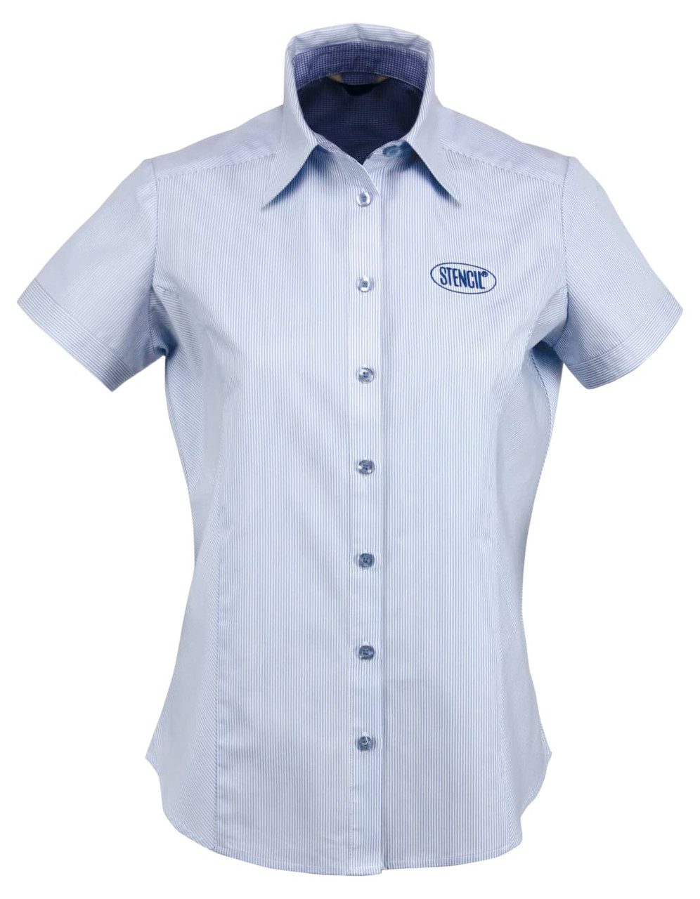A light blue button-up ladies' shirt with short sleeves and a logo on the front.