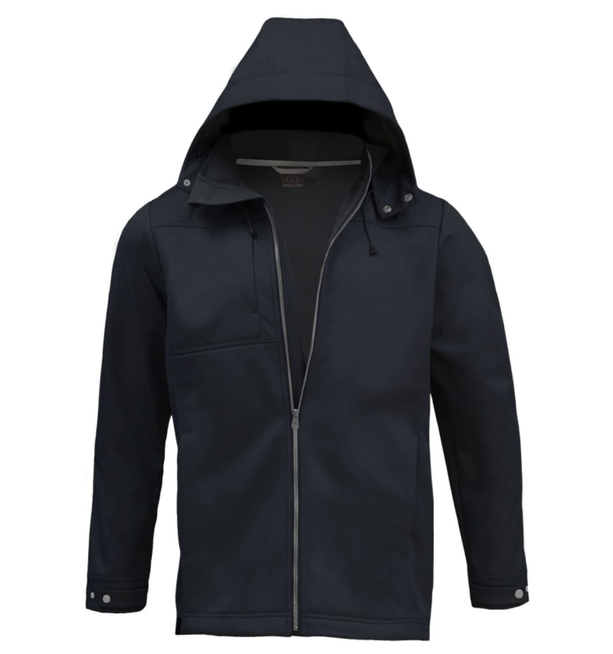 A black soft shell jacket with a hood and a zippered front, featuring an angled chest pocket and a branding logo.