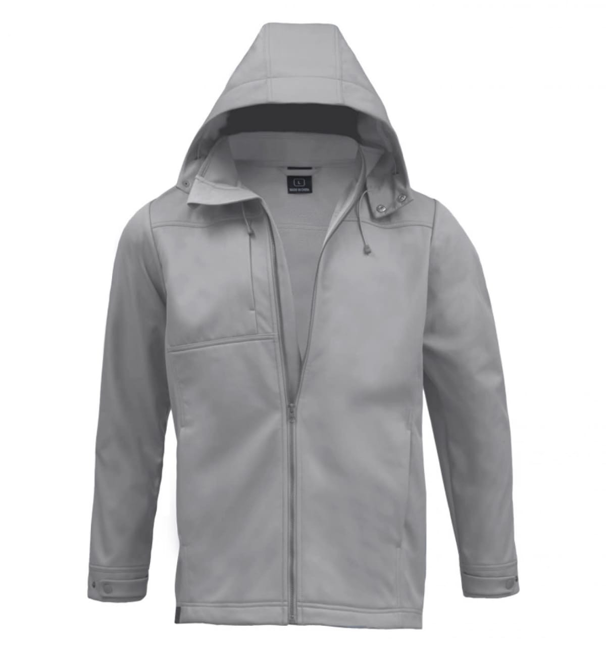 A soft shell men's jacket in light grey featuring a front zipper and a hood, with a logo on the chest.