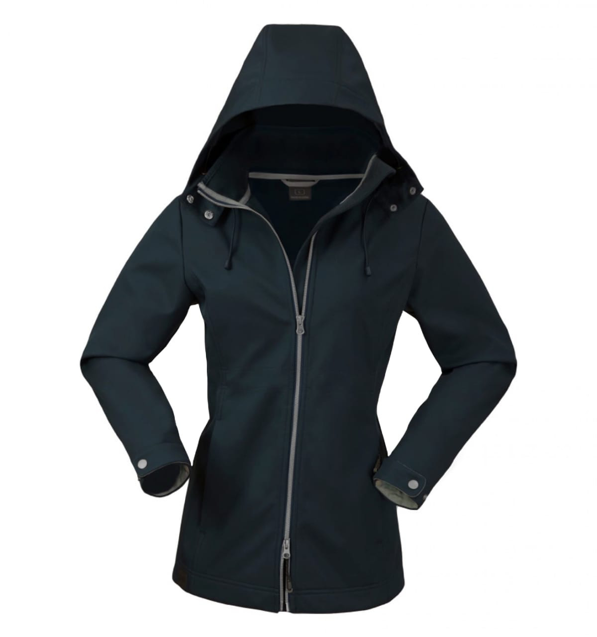 A soft shell jacket for ladies in dark green, featuring a hood and zippered front, with a fitted design.