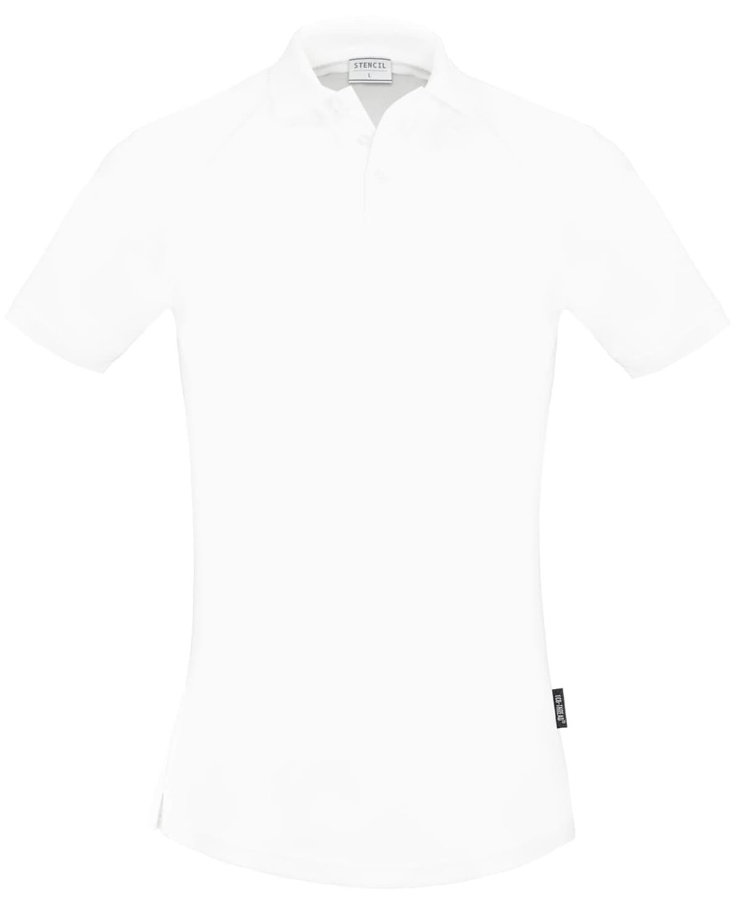 A white polo shirt featuring a collar and short sleeves, with a branding tag.