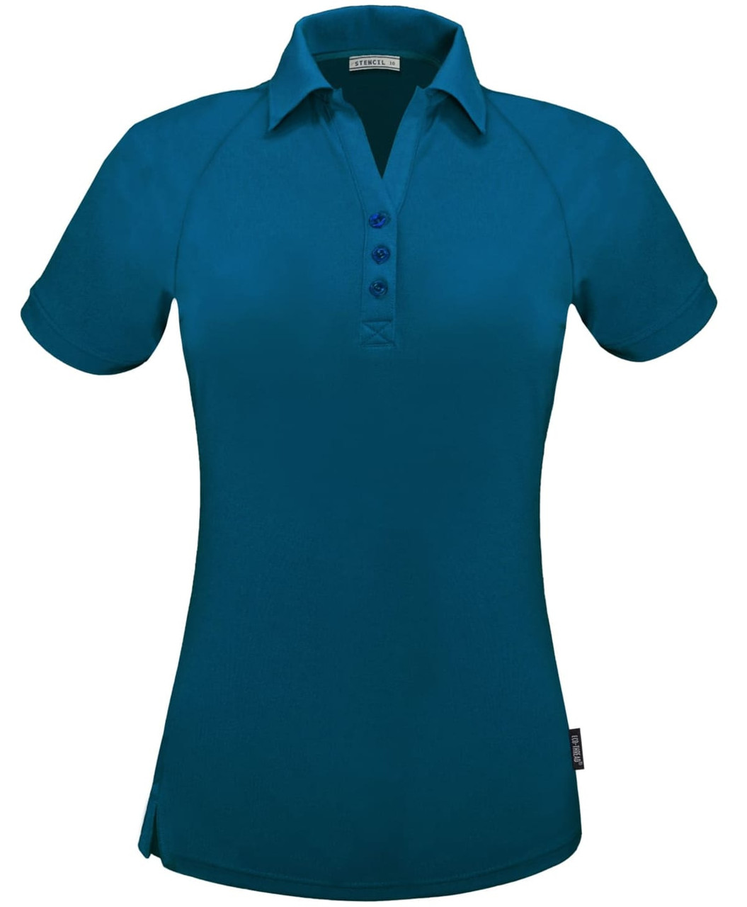 A teal polo shirt with a collar, five buttons, and short sleeves, featuring a branding logo.