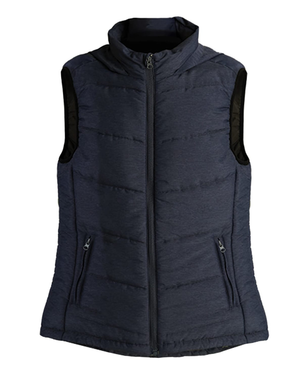 A navy vest with a zip front and side pockets, featuring black panel accents and a high collar.