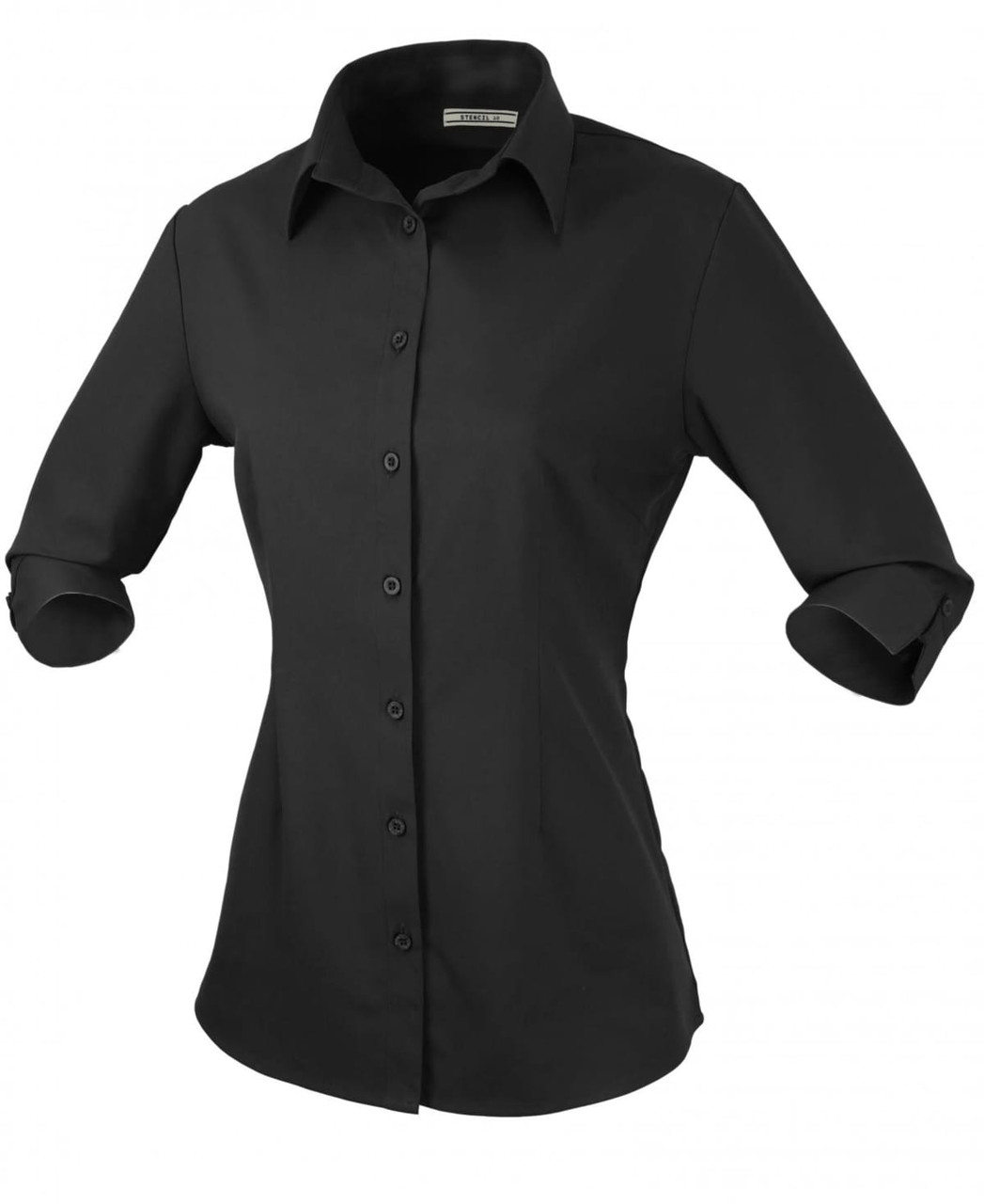 A black button-up shirt with a collar and 3/4 sleeves, featuring a fitted design and a button closure.