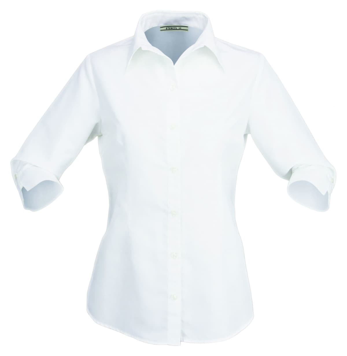 A white button-up shirt for ladies with 3/4 sleeves and a collared neck, featuring a logo.