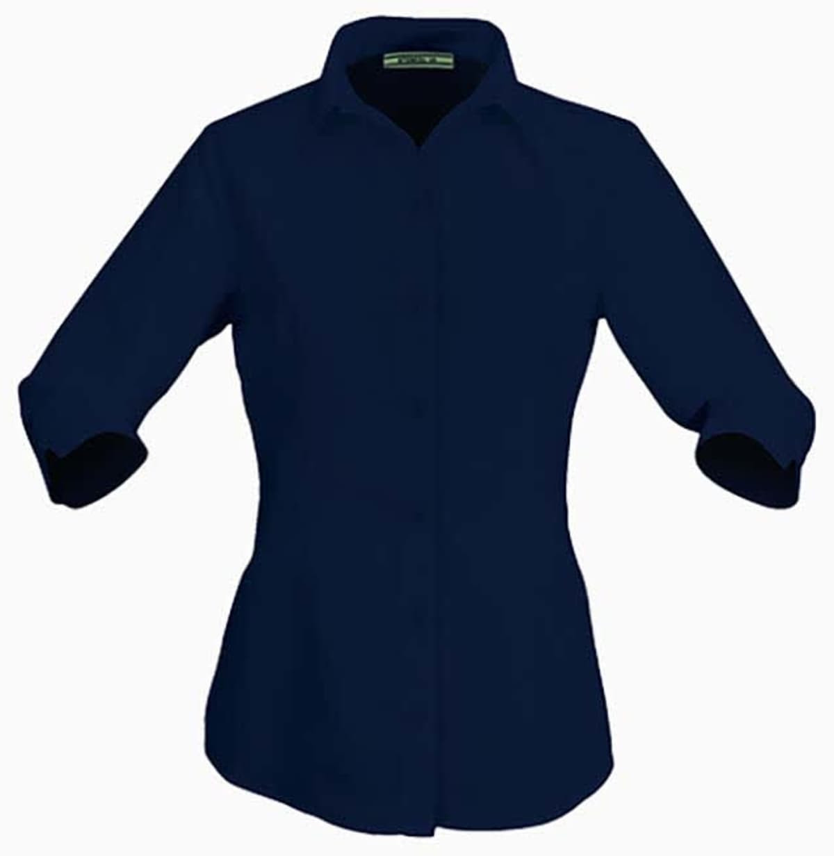 A navy blue button-up shirt with 3/4 sleeves and a fitted design. It features a collar and has a logo.