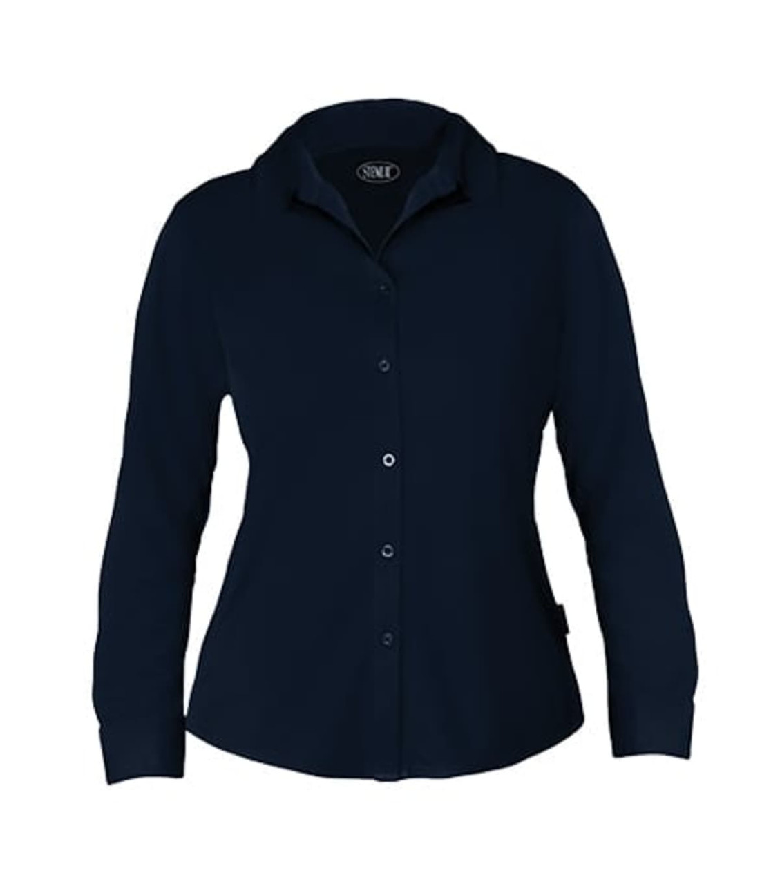 A navy blue long-sleeved polo shirt for men with buttons and a collar, featuring a brand logo.