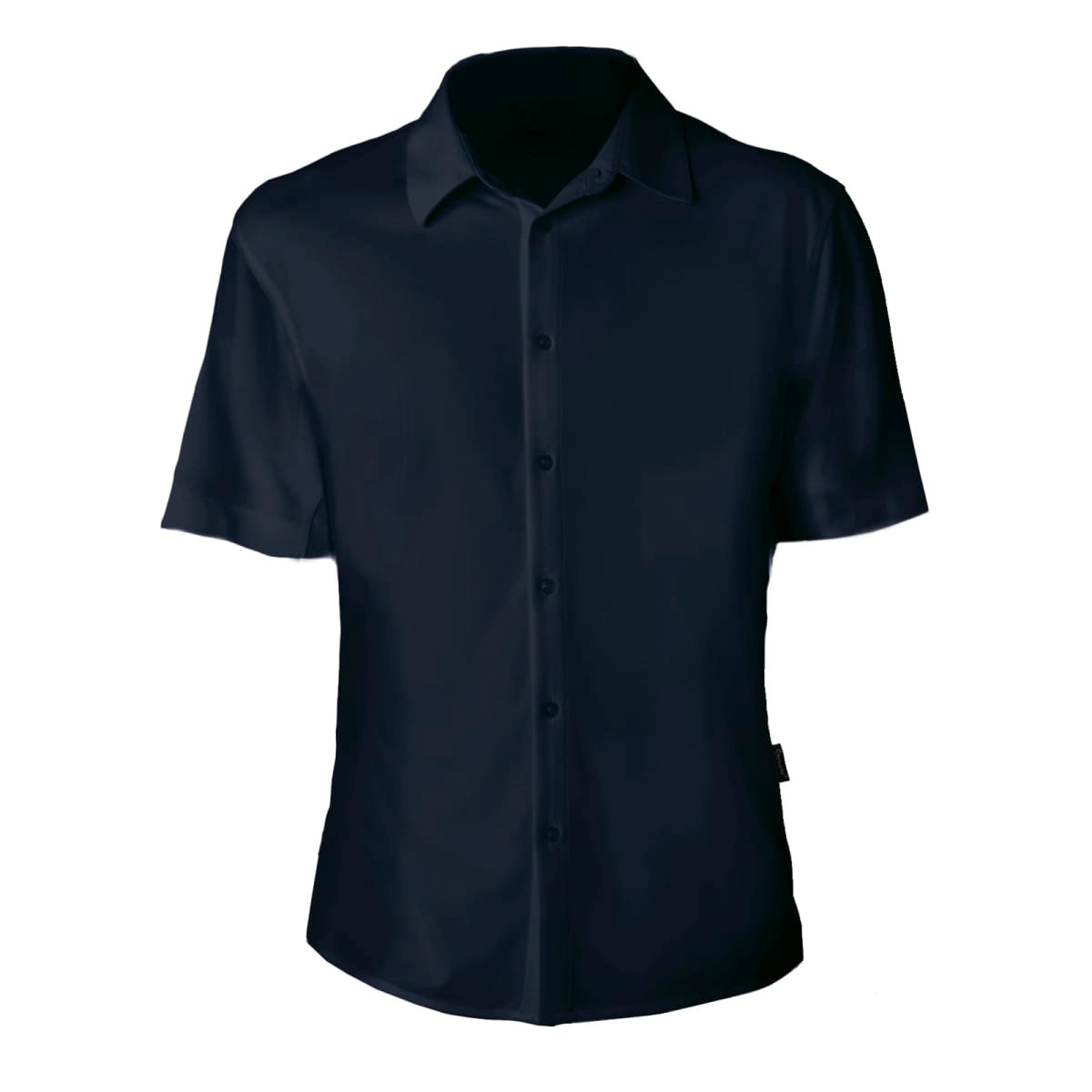 A dark navy polo shirt with short sleeves and a button-up front. It includes a small logo on the side.
