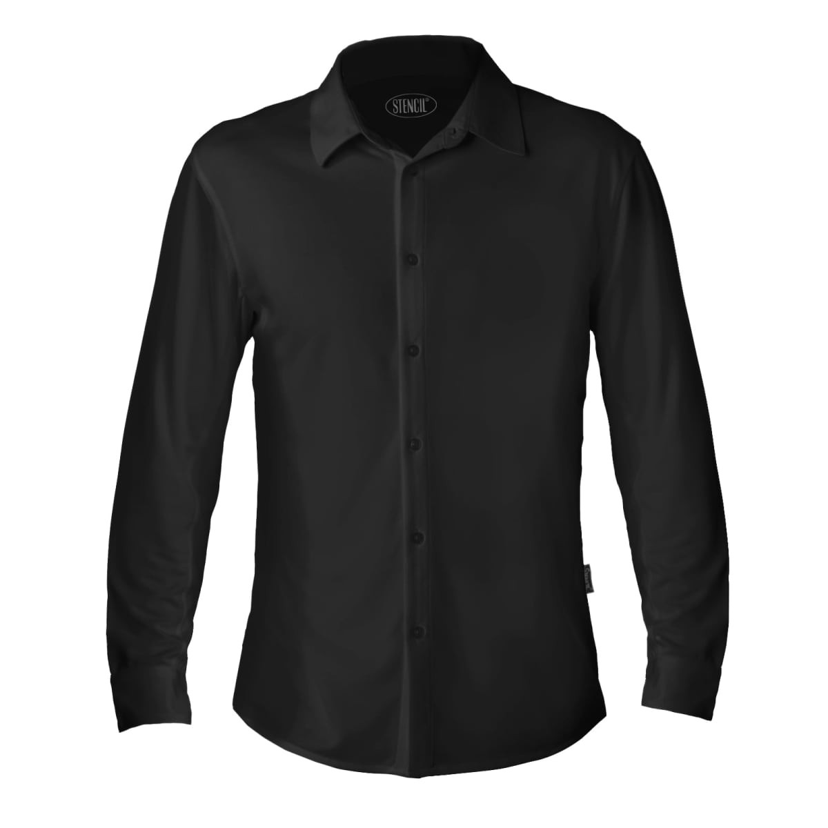 A black long-sleeved polo shirt with a button-down front and a branded tag on the side.