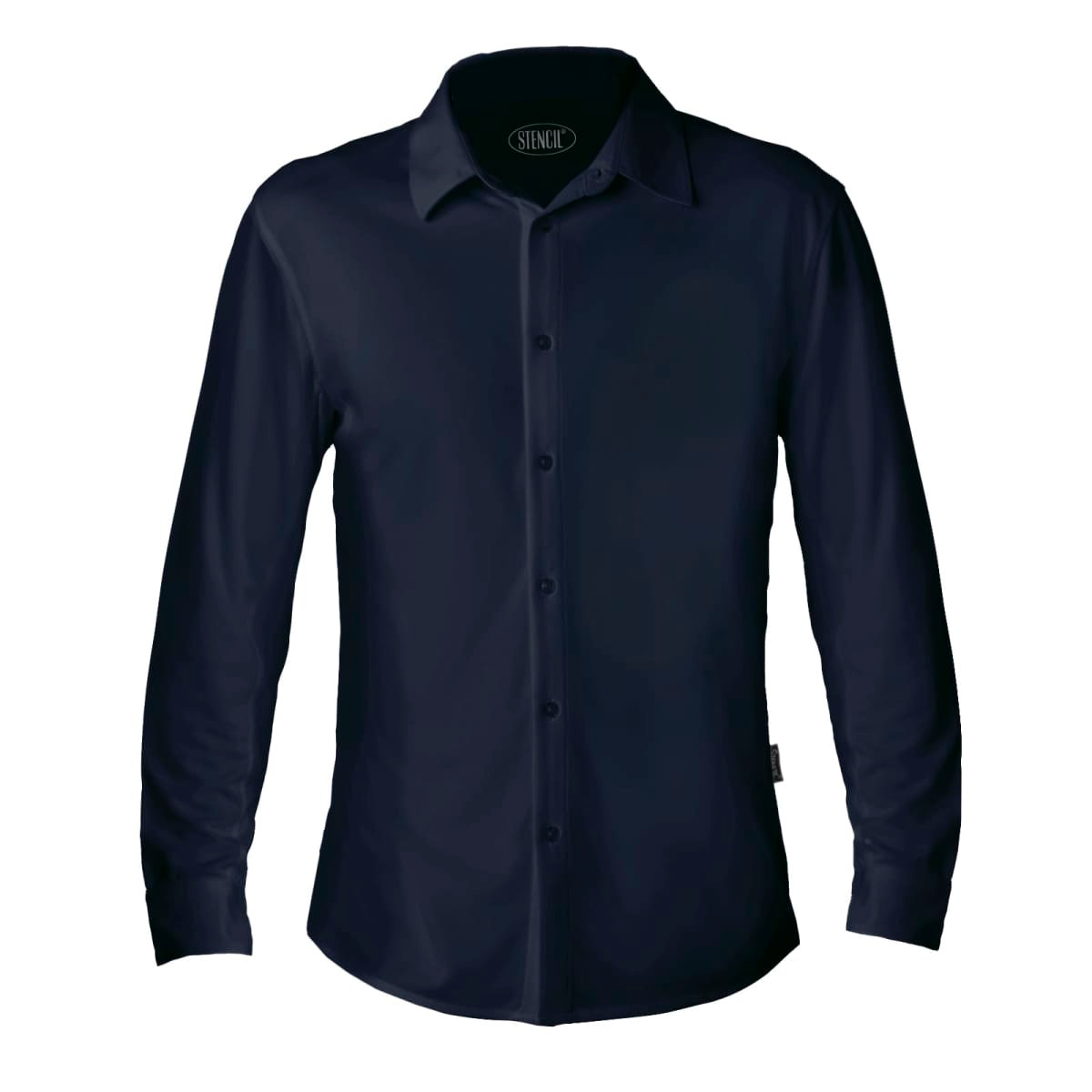 A navy long-sleeve polo shirt with a collar and button-down front, featuring a logo on the neckline.