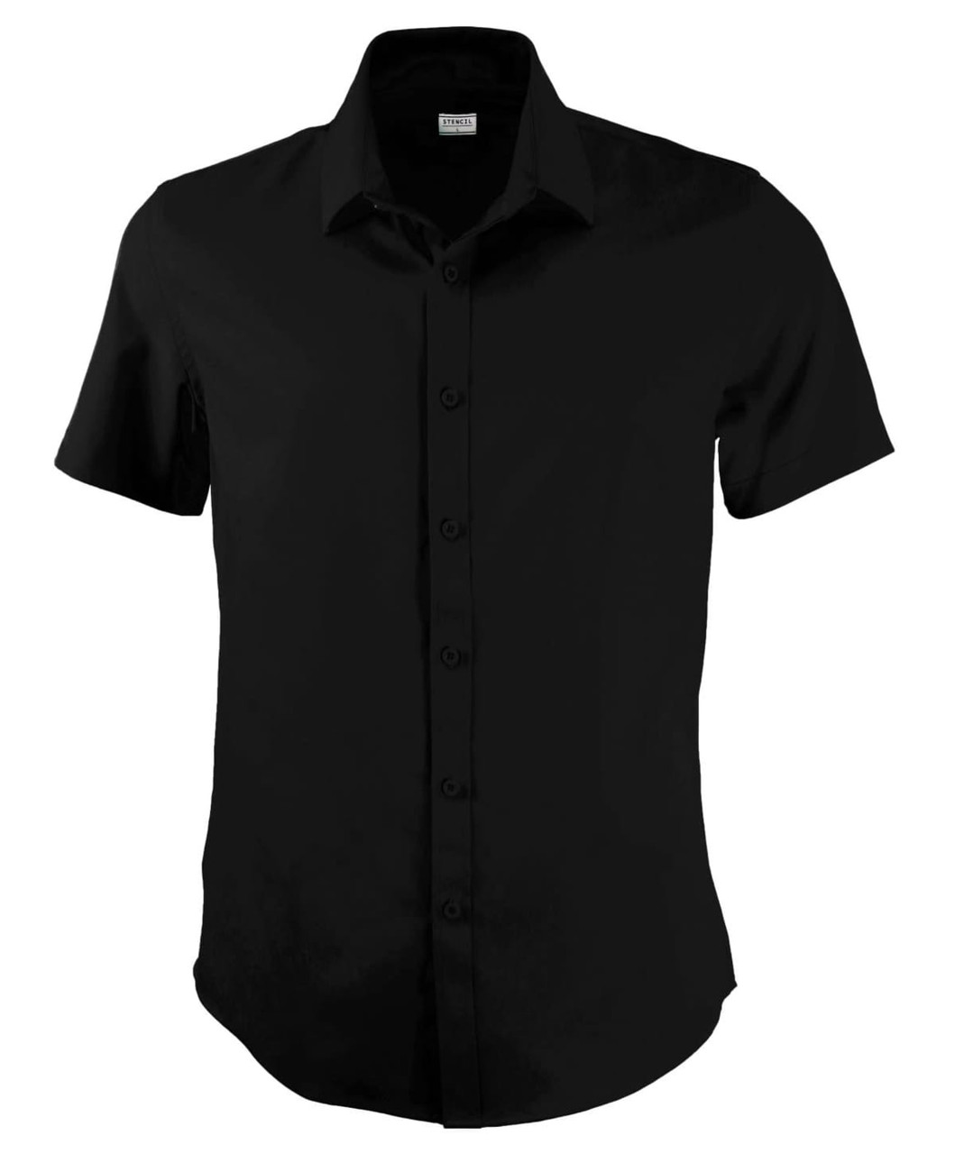 A black short-sleeved button-up shirt with a collar and a logo.