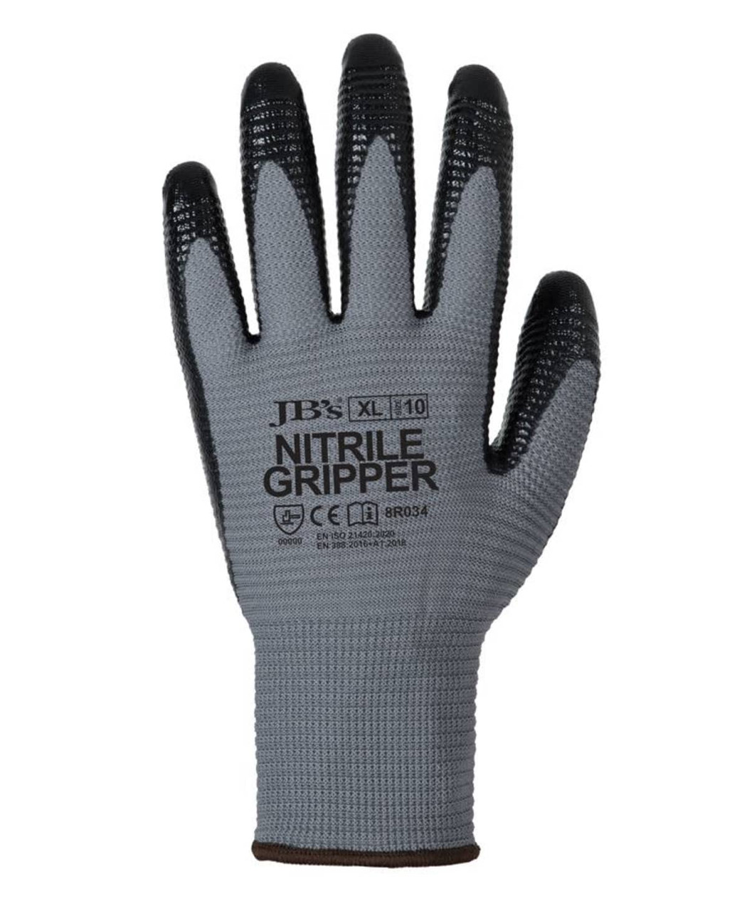 A grey and black nitrile gripper glove, featuring a textured grip and a logo on the wrist area.