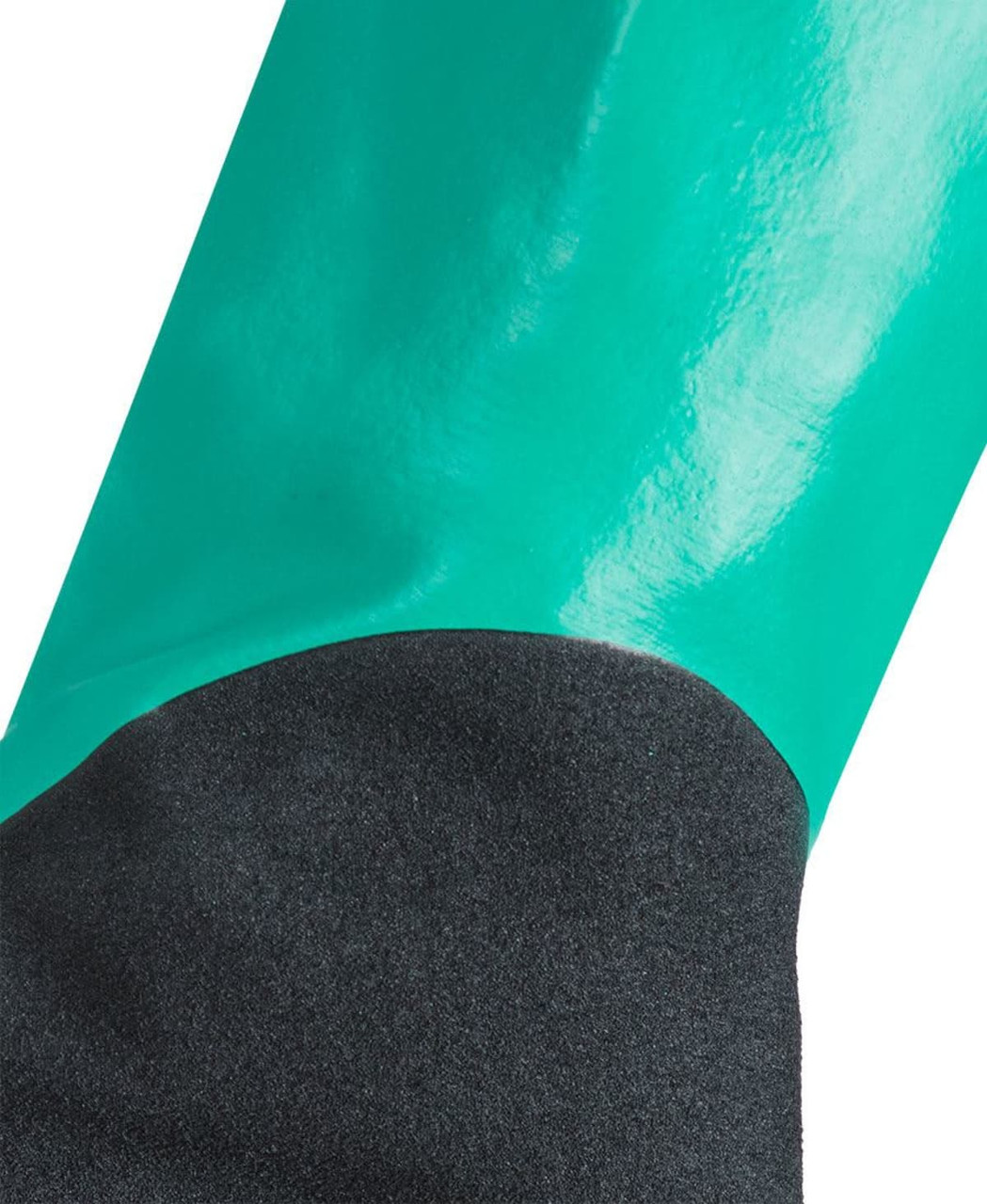 A close-up of a green nitrile chemical glove with a black underside, showcasing its glossy finish and design.