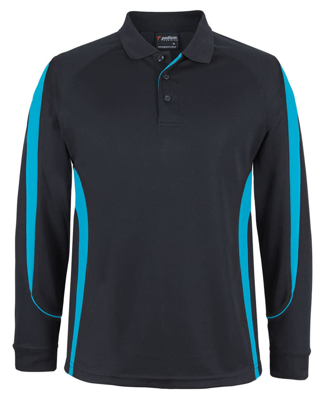A long-sleeve polo shirt in black with turquoise side panels and a collar, featuring a logo.