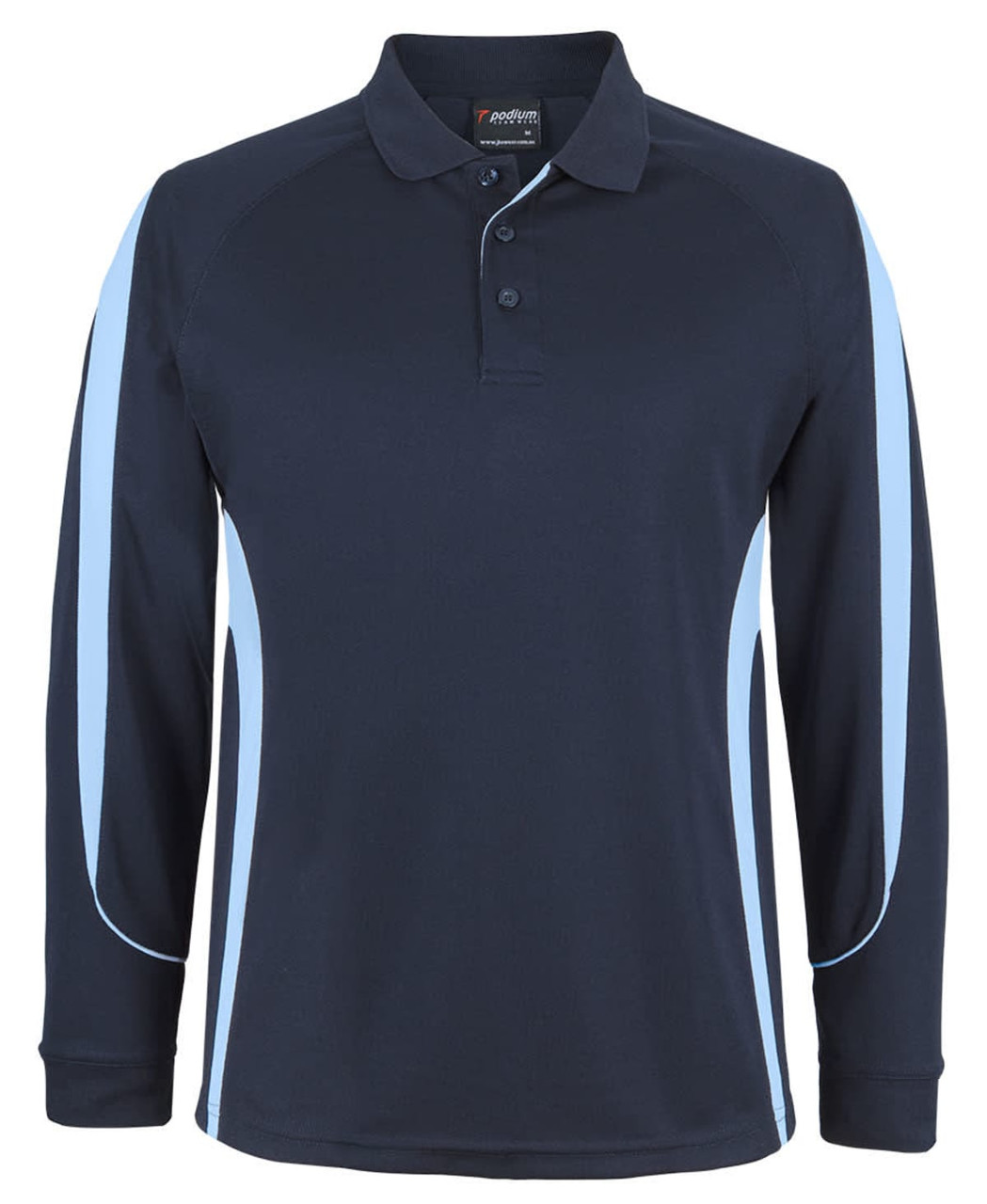 A dark navy long-sleeve polo shirt featuring light blue side stripes and a collar. It has a logo on the chest.