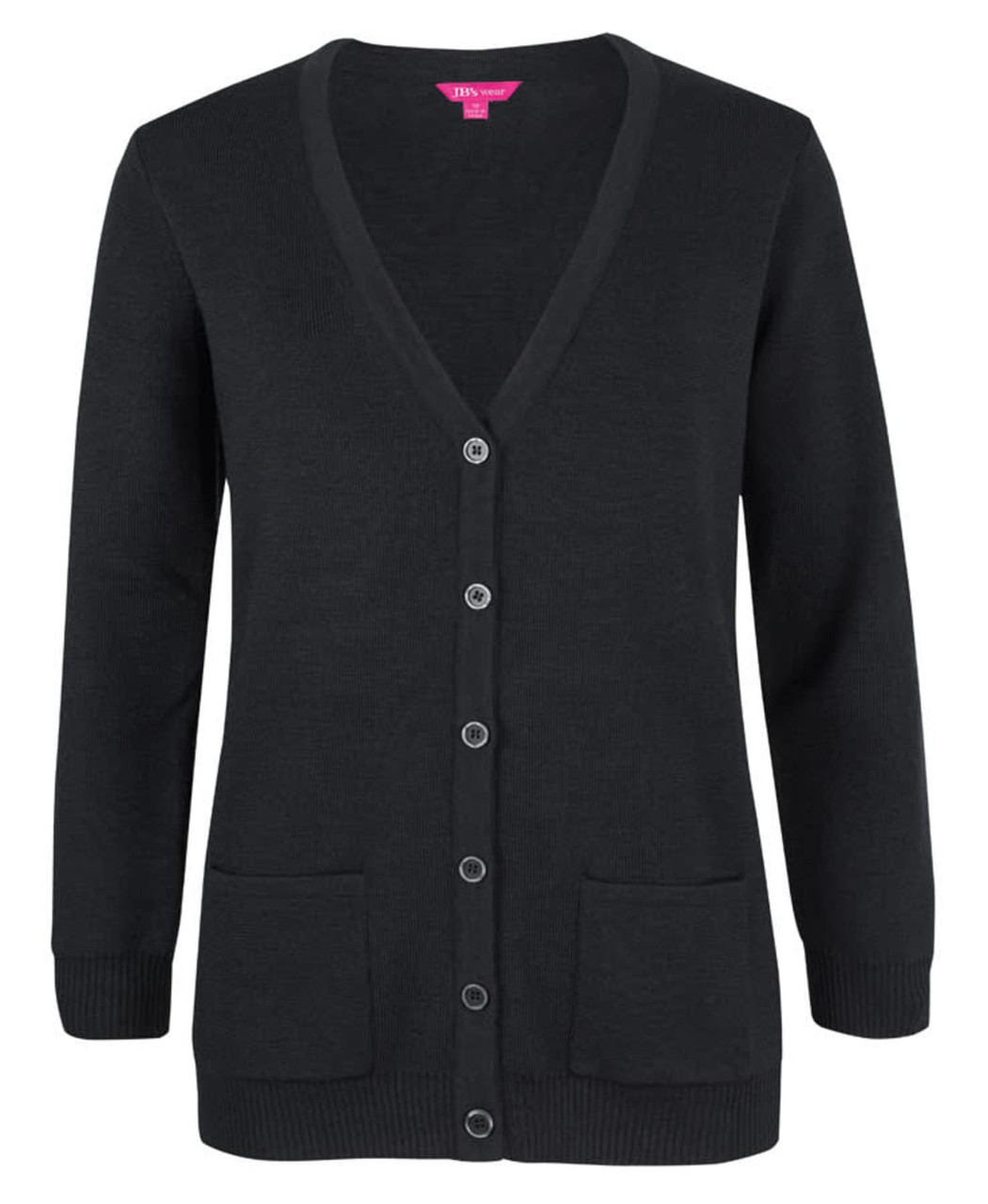 A black cardigan with a V-neck, button front, and two front pockets. It features a brand logo on the inner label.
