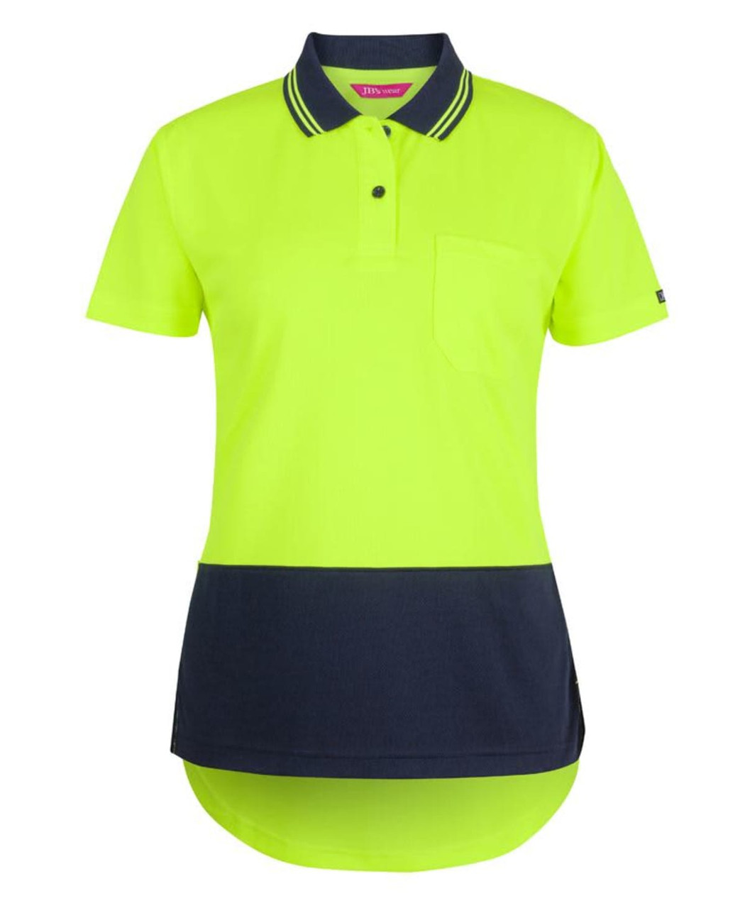 A bright yellow and navy women's polo shirt featuring a drop tail design and a chest pocket, with a branding logo.