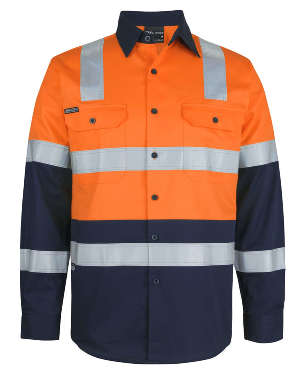 A long-sleeve safety shirt in orange and navy, featuring reflective strips and two chest pockets. It has a logo.